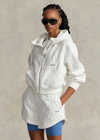 Vit Ralph Lauren Fleece Luvtröja med Dolman-ärm och hel dragkedja för kvinnor