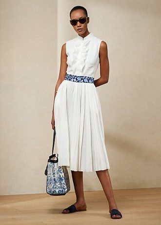 Vit Ralph Lauren Roald veckad linne ärmlös dagklänning för kvinnor