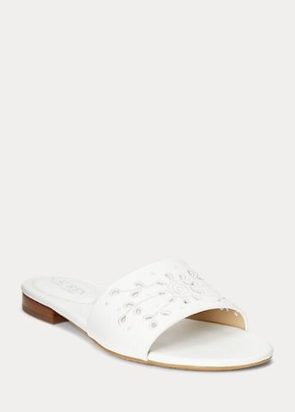 Vita Ralph Lauren Andee Eyelet Lädertofflor för kvinnor