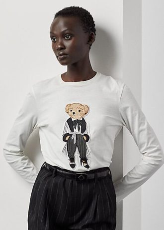 Vita Ralph Lauren Cinema Polo Bear T-shirts i bomull för kvinnor Vita Ralph Lauren Cinema Polo Bear T-shirts i bomull för kvinnor