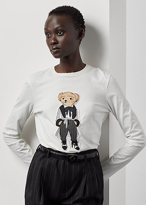 Vita Ralph Lauren Cinema Polo Bear T-shirts i bomull för kvinnor Vita Ralph Lauren Cinema Polo Bear T-shirts i bomull för kvinnor