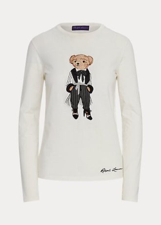 Vita Ralph Lauren Cinema Polo Bear T-shirts i bomull för kvinnor Vita Ralph Lauren Cinema Polo Bear T-shirts i bomull för kvinnor