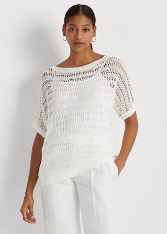Vita Ralph Lauren Cotton Mesh kortärmade tröjor för kvinnor