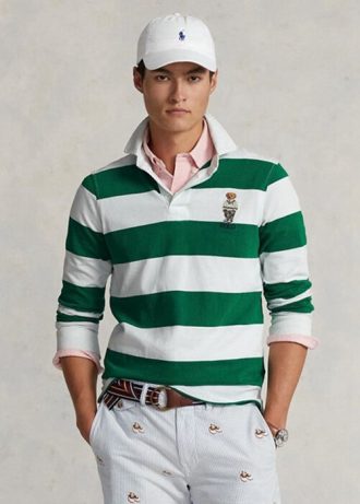 Vita Ralph Lauren Custom Slim Fit Bear Rugby pikétröjor för män