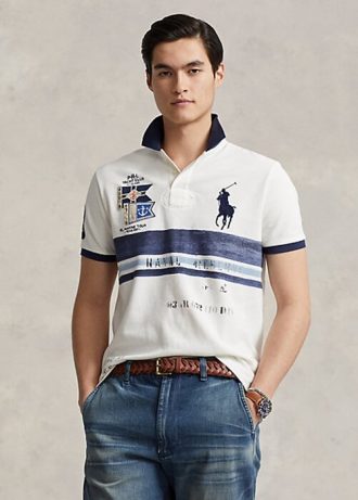 Vita Ralph Lauren Custom Slim Fit Pikétröjor med mesh för stora ponnyer för män