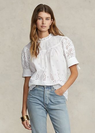 Vita Ralph Lauren Eyelet-broderade bomullstoppar för kvinnor