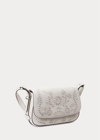 Vita Ralph Lauren Eyelet Läder Små Maddy axelväskor för kvinnor