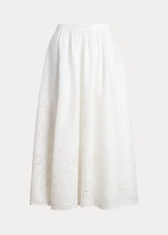 Vita Ralph Lauren Eyelet Midi-kjolar i linne för kvinnor