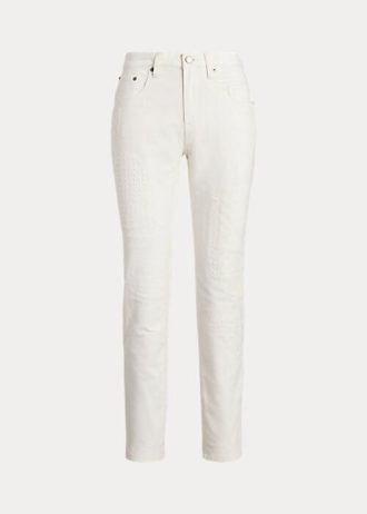 Vita Ralph Lauren Eyelet-Patchwork avslappnade avsmalnande jeans för kvinnor