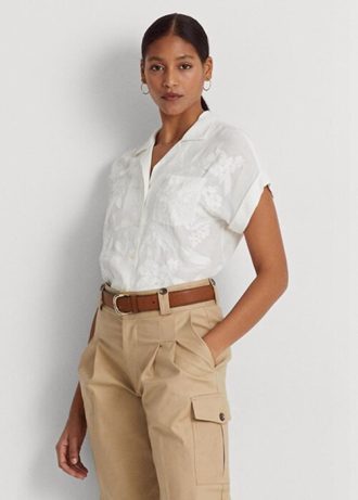 Vita Ralph Lauren Eyelet Voile kortärmade blustoppar för kvinnor