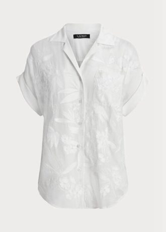 Vita Ralph Lauren Eyelet Voile kortärmade blustoppar för kvinnor