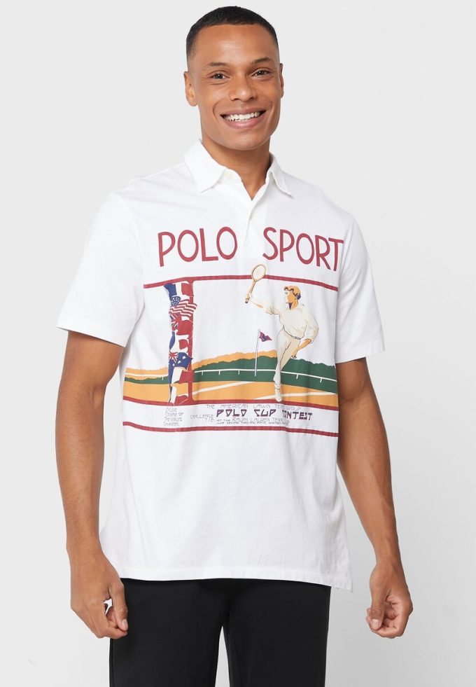 Vita Ralph Lauren grafiska pikétröjor för män Vita Ralph Lauren grafiska pikétröjor för män