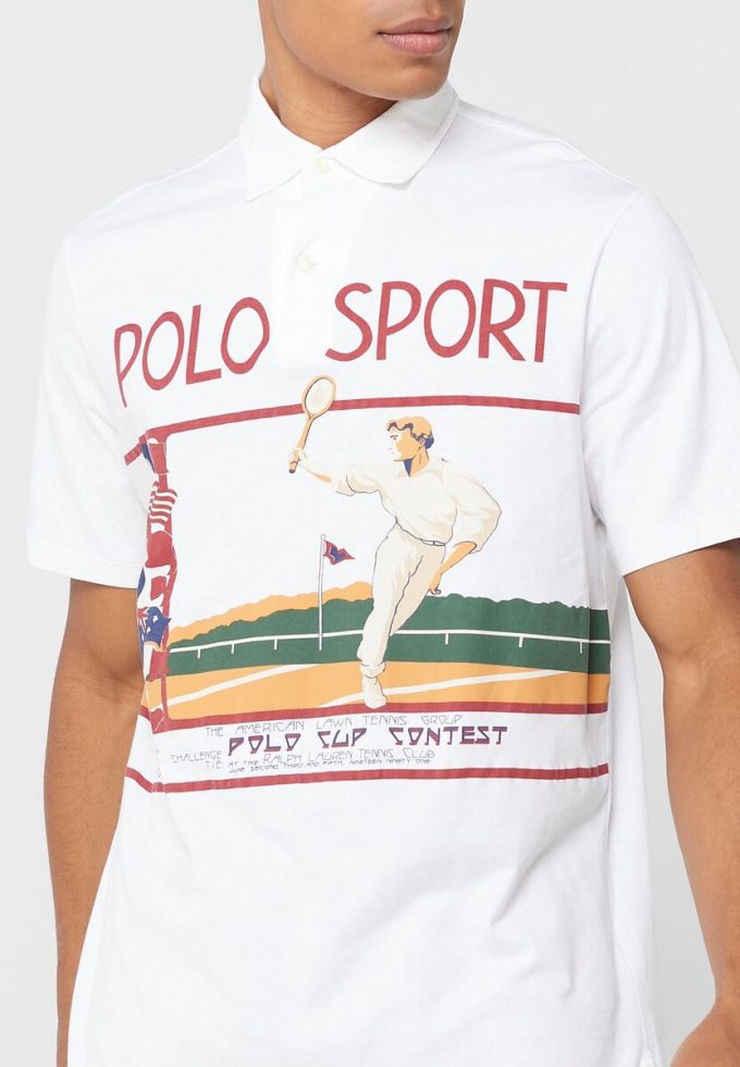 Vita Ralph Lauren grafiska pikétröjor för män Vita Ralph Lauren grafiska pikétröjor för män