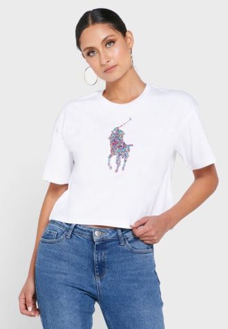 Vita Ralph Lauren grafiska T-shirts med rund hals för kvinnor