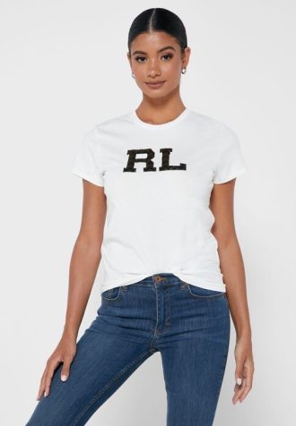 Vita Ralph Lauren grafiska T-shirts med rund hals för kvinnor
