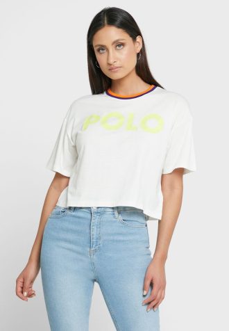 Vita Ralph Lauren grafiska T-shirts med rund hals för kvinnor