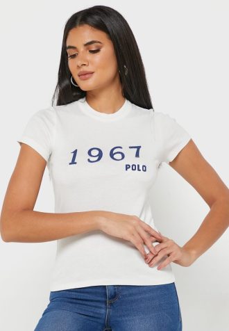Vita Ralph Lauren grafiska T-shirts med rund hals för kvinnor