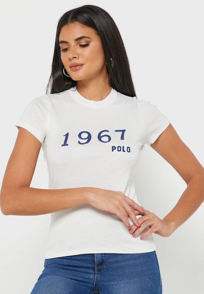 Vita Ralph Lauren grafiska T-shirts med rund hals för kvinnor Vita Ralph Lauren grafiska T-shirts med rund hals för kvinnor