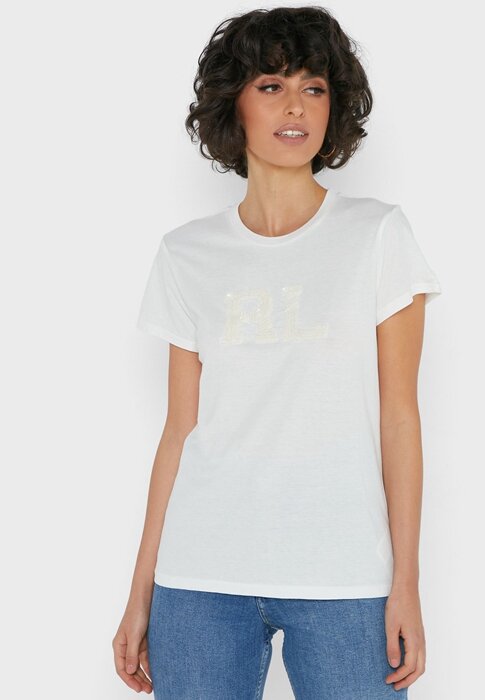 Vita Ralph Lauren grafiska T-shirts med rund hals för kvinnor Vita Ralph Lauren grafiska T-shirts med rund hals för kvinnor