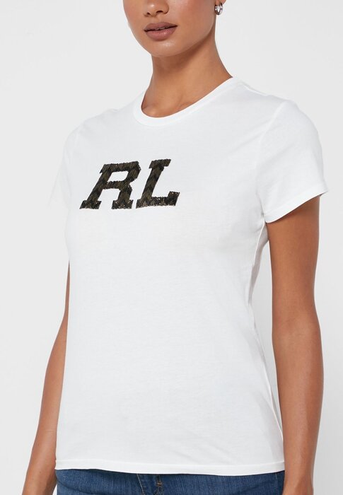 Vita Ralph Lauren grafiska T-shirts med rund hals för kvinnor Vita Ralph Lauren grafiska T-shirts med rund hals för kvinnor