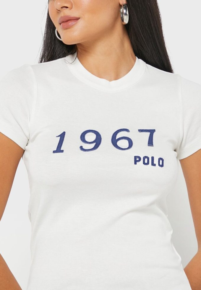 Vita Ralph Lauren grafiska T-shirts med rund hals för kvinnor Vita Ralph Lauren grafiska T-shirts med rund hals för kvinnor