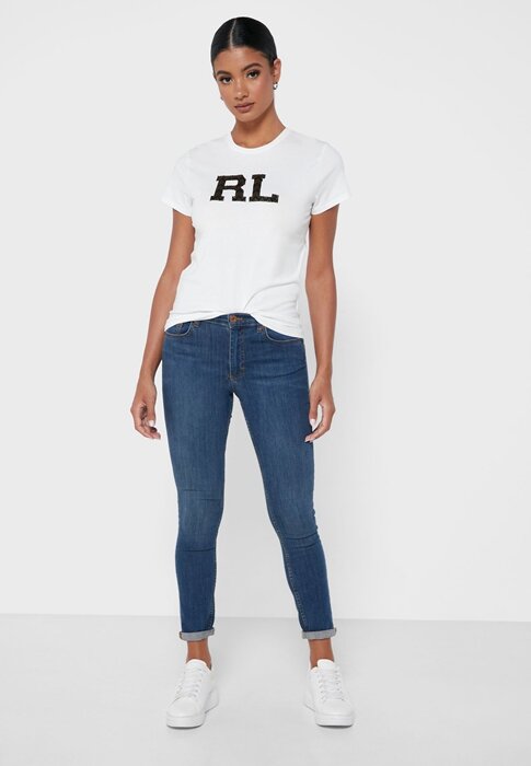 Vita Ralph Lauren grafiska T-shirts med rund hals för kvinnor Vita Ralph Lauren grafiska T-shirts med rund hals för kvinnor