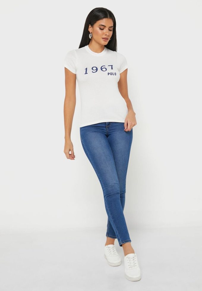 Vita Ralph Lauren grafiska T-shirts med rund hals för kvinnor Vita Ralph Lauren grafiska T-shirts med rund hals för kvinnor