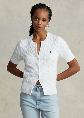 Vita Ralph Lauren kabelstickade kortärmade tröjor för kvinnor Vita Ralph Lauren kabelstickade kortärmade tröjor för kvinnor