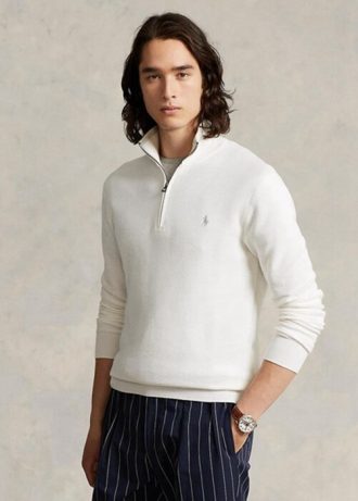 Vita Ralph Lauren Mesh-stickad bomullströjor med kvarts dragkedja för män