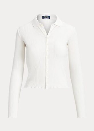 Vita Ralph Lauren pikétröjor med ribbade knappar framtill för kvinnor Vita Ralph Lauren pikétröjor med ribbade knappar framtill för kvinnor