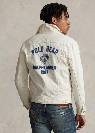 Vita Ralph Lauren Polo Bear Broderade Trucker-jackor för män