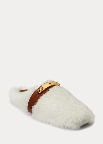 Vita Ralph Lauren Polo ID Shearling Flat Shoes för kvinnor