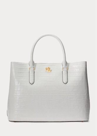 Vita Ralph Lauren-präglat läder för kvinnor, stora Marcy-väskor Vita Ralph Lauren-präglat läder för kvinnor, stora Marcy-väskor
