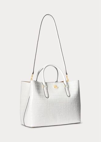 Vita Ralph Lauren-präglat läder för kvinnor, stora Marcy-väskor Vita Ralph Lauren-präglat läder för kvinnor, stora Marcy-väskor