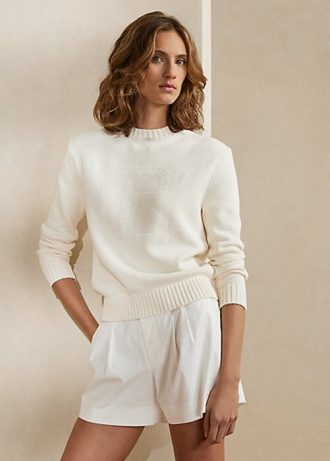Vita Ralph Lauren utsmyckade RL-tröjor i bomullsblandning för kvinnor