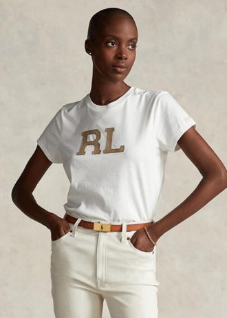 Vita T-shirts från Ralph Lauren Rl-mockaapplikationer för kvinnor