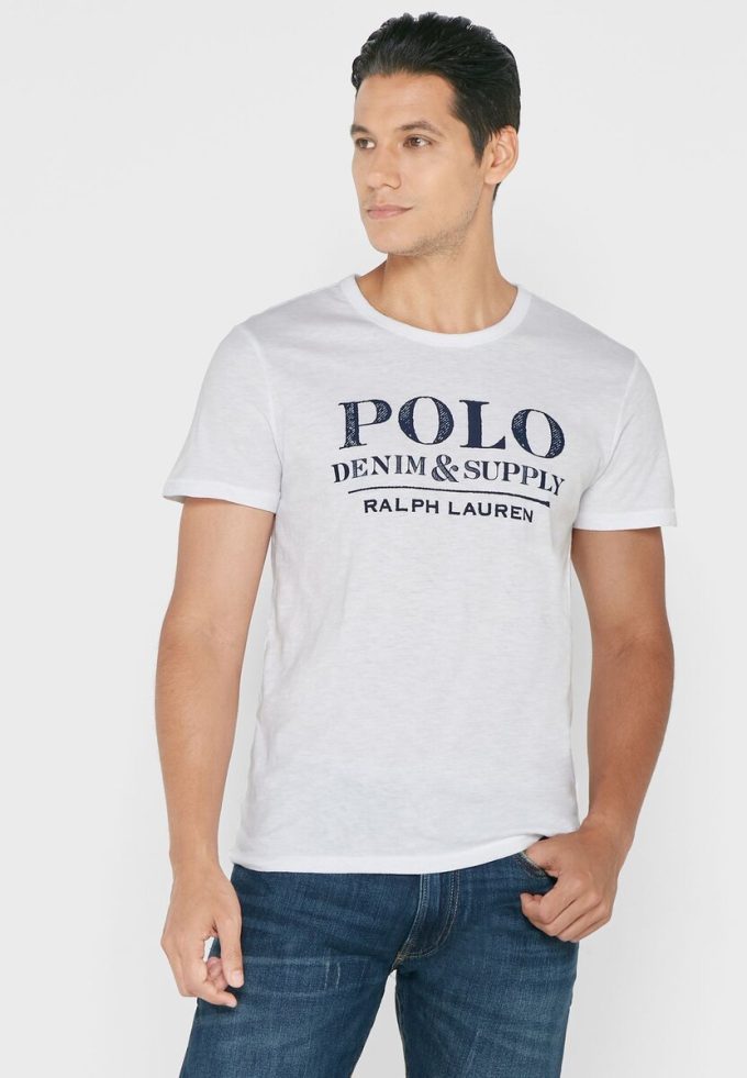 Vita t-shirts med rund hals för män Ralph Lauren slogan